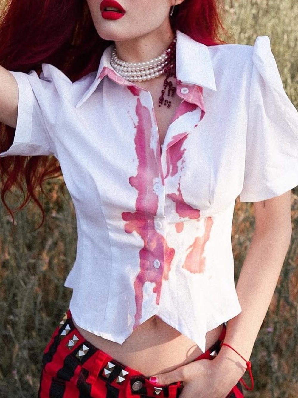 White Short-Sleeve Button Front Top with “blood splatter”
